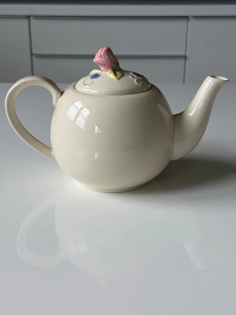 KF Vintage Ivory Glaze Ceramic Teapot - Embossed Pink Roses & Blue Flowers.